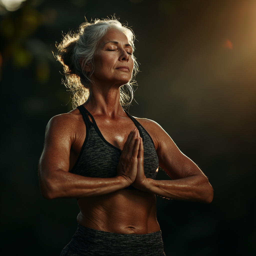 Жінка 55 років виконує асану дерева на природі, в м'якому ранковому світлі