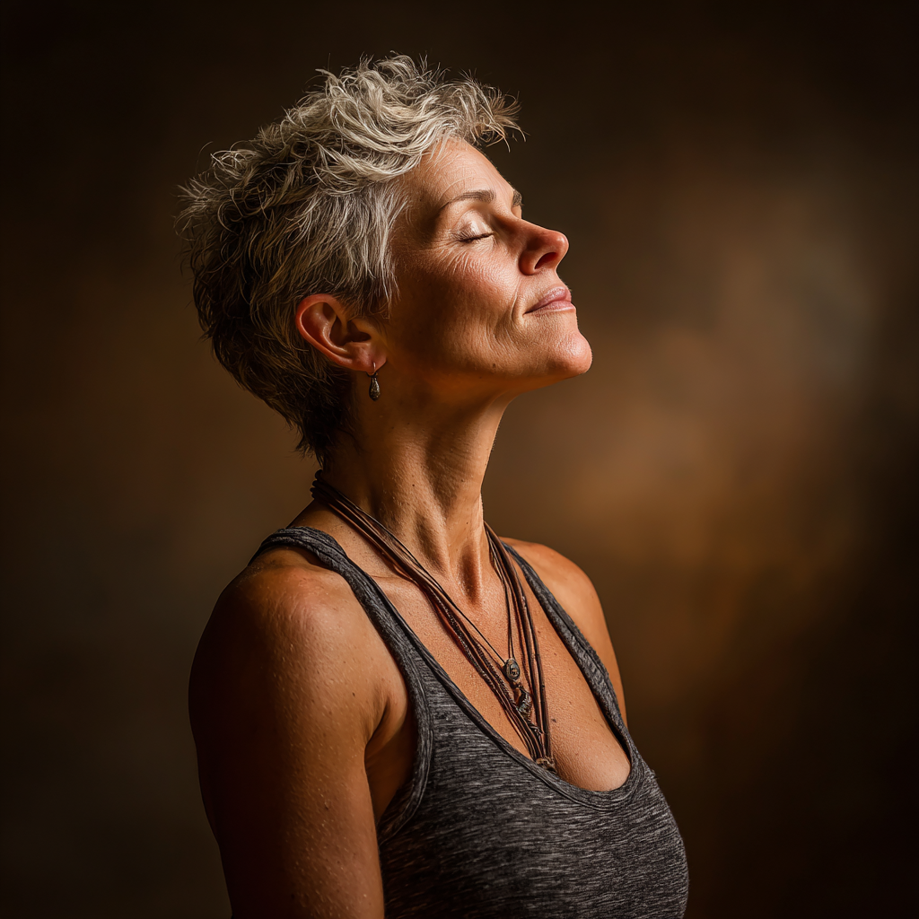 Жінка 58 років сидить в медитативній позі з прямою спиною, очі заплющені, на обличчі спокій та умиротворення