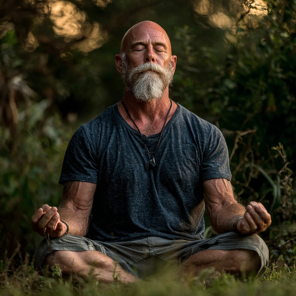 Чоловік 60 років медитує в позі лотоса серед зелені, з заплющеними очима та спокійним обличчям